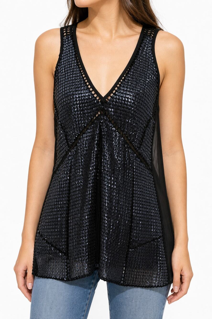 Trouve Women's Black Tank Blue Sequins Sheer Back V-Neck Tunic Top S Coquette